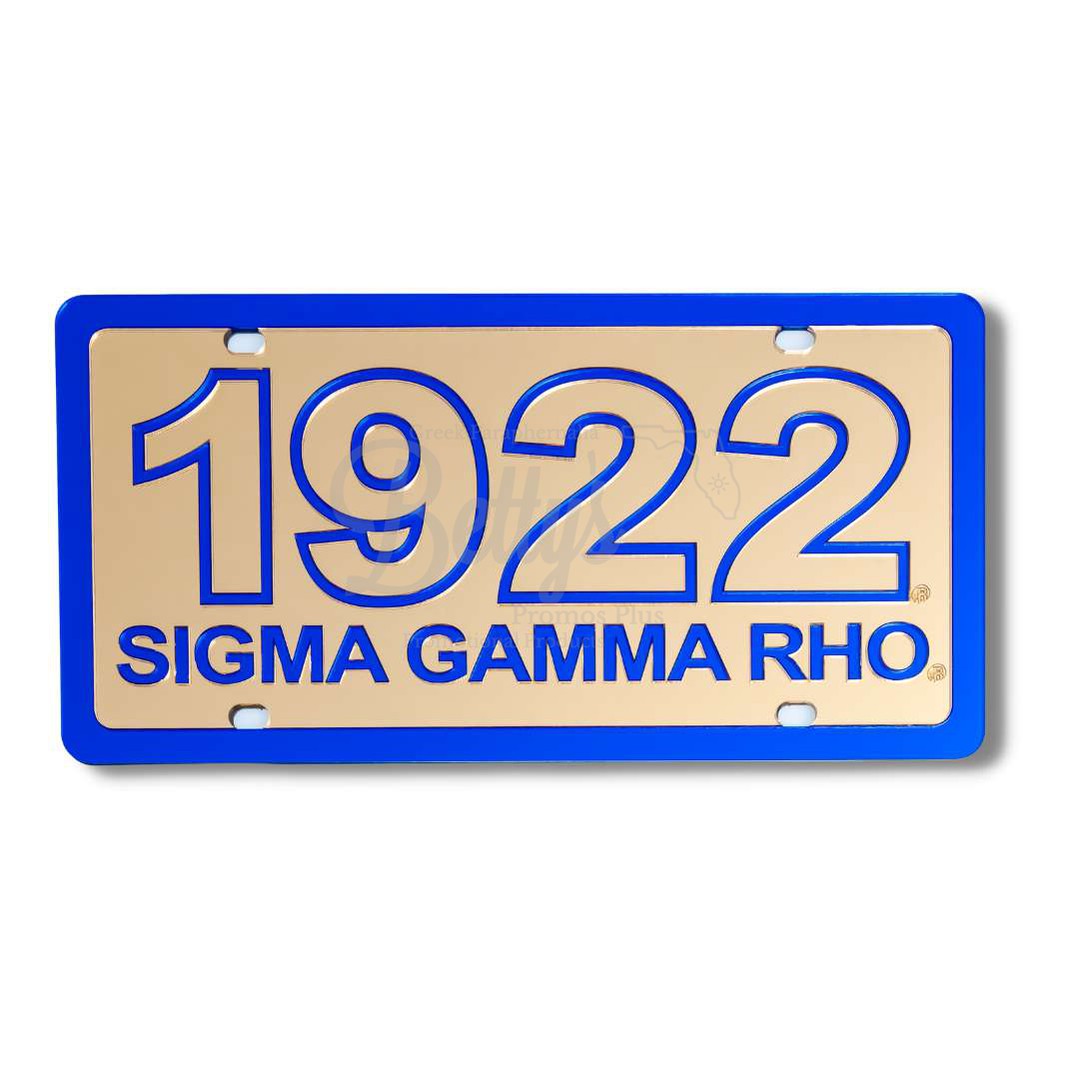 Sigma Gamma Rho ΣΓΡ 1922 with Sigma Gamma Rho Acrylic Laser Engraved Auto Tag Car License PlateGold Background-Blue Trim-Betty's Promos Plus Greek Paraphernalia
