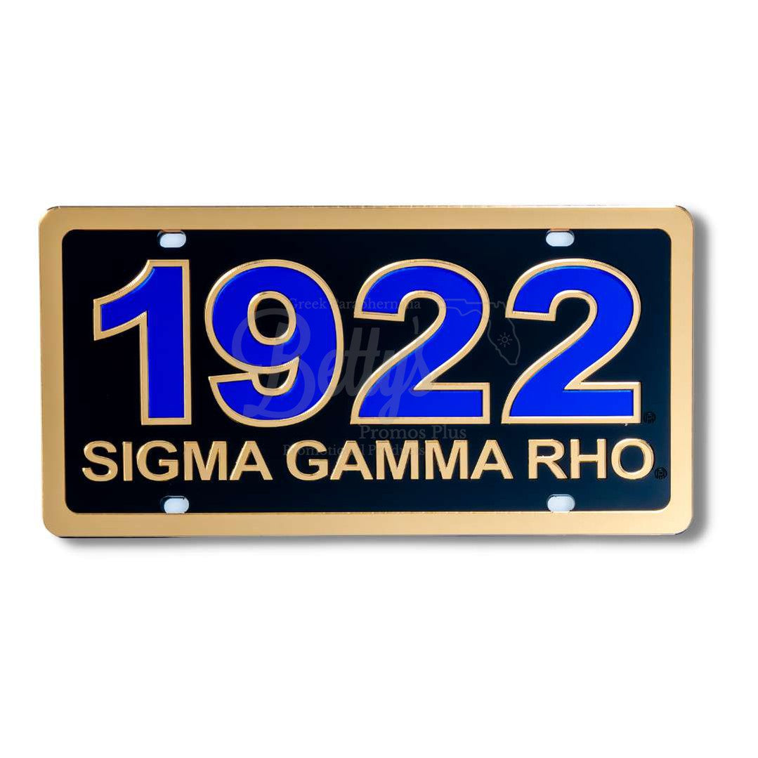 Sigma Gamma Rho ΣΓΡ 1922 with Sigma Gamma Rho Acrylic Laser Engraved Auto Tag Car License PlateBlack Background-Gold Trim-Betty's Promos Plus Greek Paraphernalia