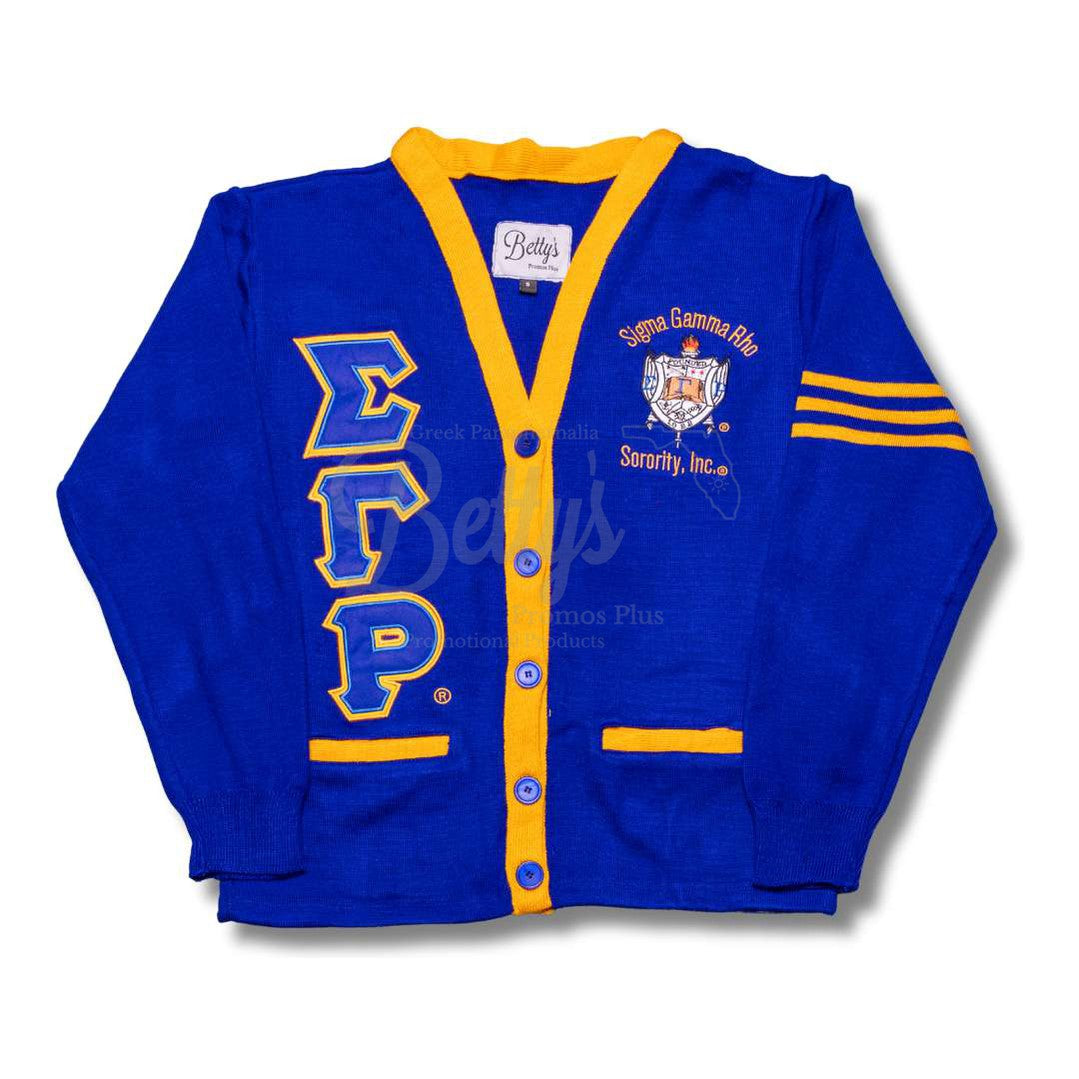 Sigma Gamma Rho ΣΓΡ Cardigan Sweater with Double Stitched Twill Embroidered Letters & ΣΓΡ ShieldBlue-Gold Trim-Small-Betty's Promos Plus Greek Paraphernalia