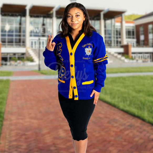 Sigma Gamma Rho ΣΓΡ Cardigan Sweater with Double Stitched Twill Embroidered Letters & ΣΓΡ Shield-Betty's Promos Plus Greek Paraphernalia