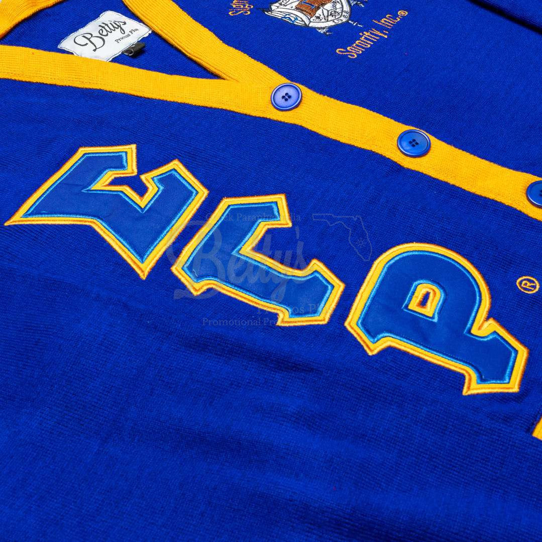 Sigma Gamma Rho ΣΓΡ Cardigan Sweater with Double Stitched Twill Embroidered Letters & ΣΓΡ Shield-Betty's Promos Plus Greek Paraphernalia