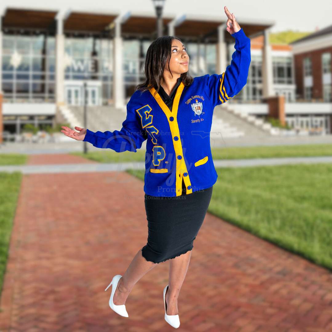 Sigma Gamma Rho ΣΓΡ Cardigan Sweater with Double Stitched Twill Embroidered Letters & ΣΓΡ Shield-Betty's Promos Plus Greek Paraphernalia