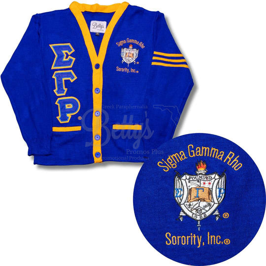Sigma Gamma Rho ΣΓΡ Cardigan Sweater with Double Stitched Twill Embroidered Letters & ΣΓΡ Shield-Betty's Promos Plus Greek Paraphernalia