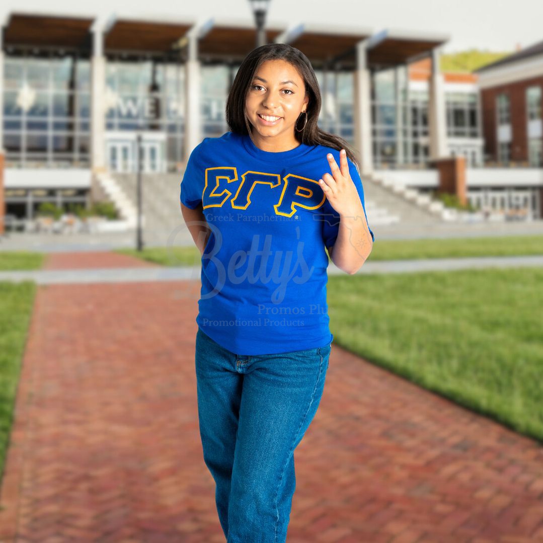 Sigma Gamma Rho ΣΓΡ Double Stitched Appliqué Embroidered Greek Letter Line T-Shirt-Betty's Promos Plus Greek Paraphernalia