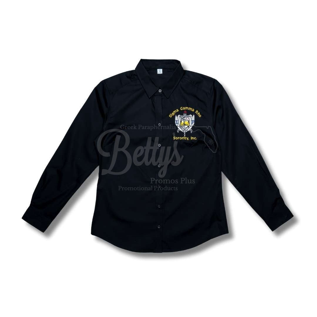 Sigma Gamma Rho ΣΓΡ Long Sleeve Button-Up Poplin Shirt with Embroidered ShieldBlack-X-Small-Betty's Promos Plus Greek Paraphernalia