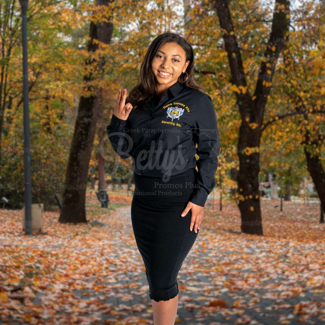 Sigma Gamma Rho ΣΓΡ Long Sleeve Button-Up Poplin Shirt with Embroidered Shield-Betty's Promos Plus Greek Paraphernalia