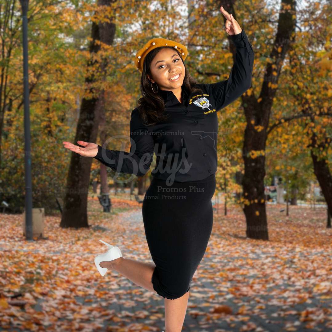 Sigma Gamma Rho ΣΓΡ Long Sleeve Button-Up Poplin Shirt with Embroidered Shield-Betty's Promos Plus Greek Paraphernalia