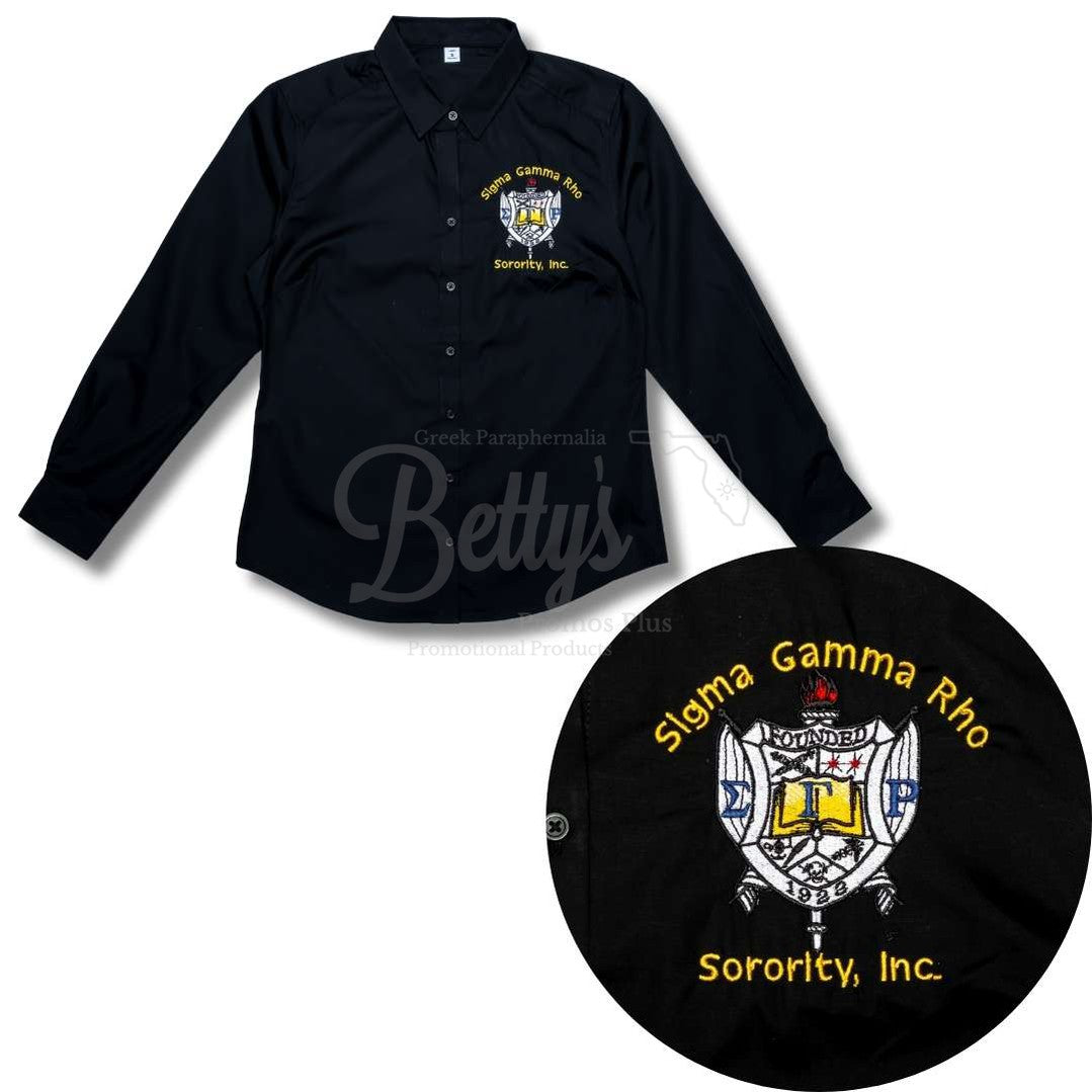 Sigma Gamma Rho ΣΓΡ Long Sleeve Button-Up Poplin Shirt with Embroidered Shield-Betty's Promos Plus Greek Paraphernalia
