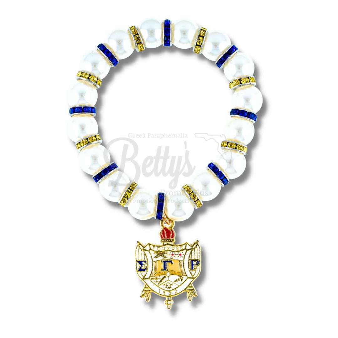 Sigma Gamma Rho ΣΓΡ Shield Pearl Bracelet with Rhinestone SpacersWhite-Betty's Promos Plus Greek Paraphernalia