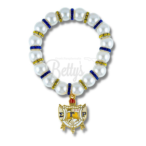 Sigma Gamma Rho ΣΓΡ Shield Pearl Bracelet with Rhinestone SpacersWhite-Betty's Promos Plus Greek Paraphernalia