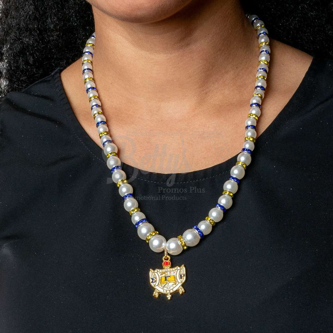 Sigma Gamma Rho ΣΓΡ Shield Pearl Necklace with Rhinestone SpacersWhite-Betty's Promos Plus Greek Paraphernalia