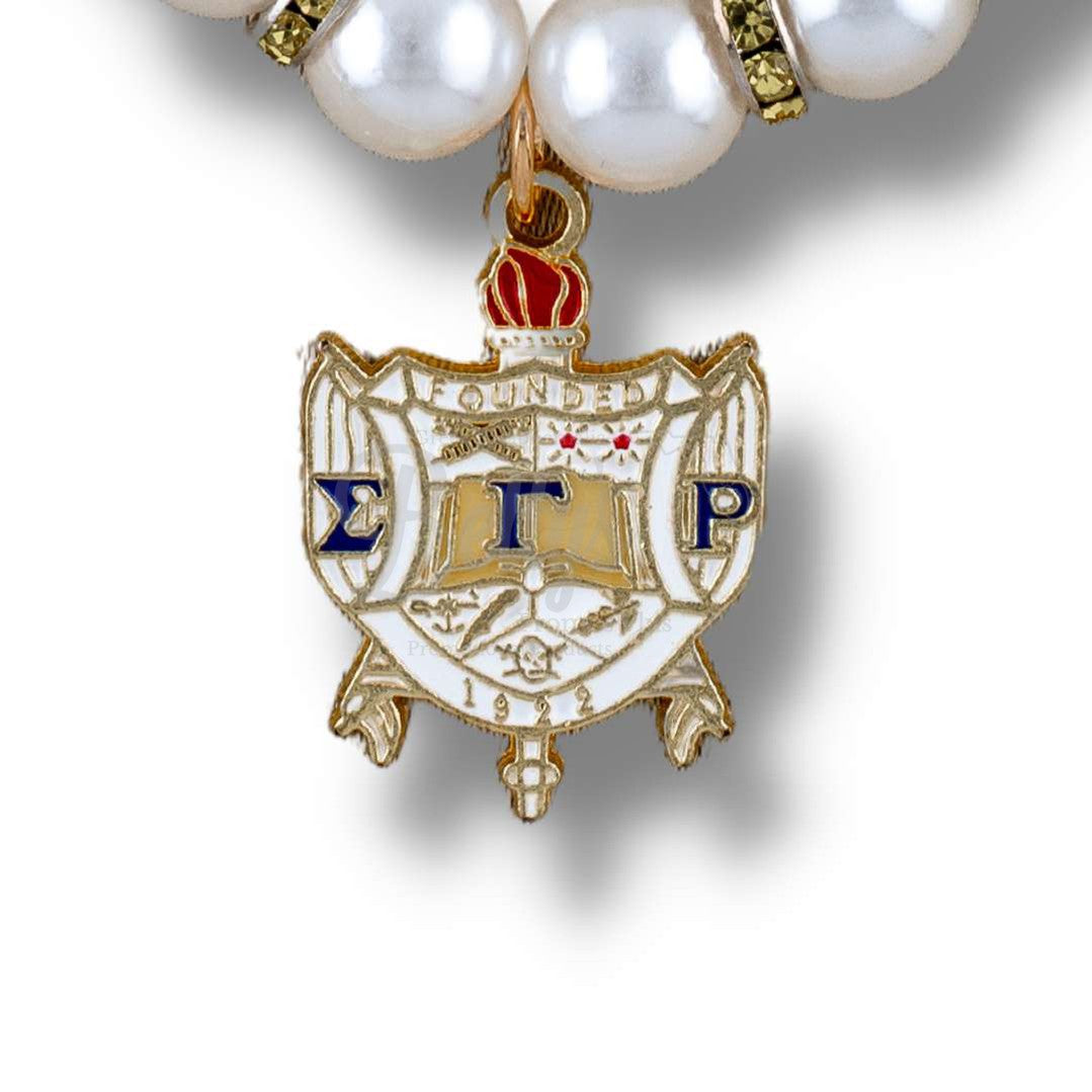 Sigma Gamma Rho ΣΓΡ Shield Pearl Necklace with Rhinestone SpacersWhite-Betty's Promos Plus Greek Paraphernalia