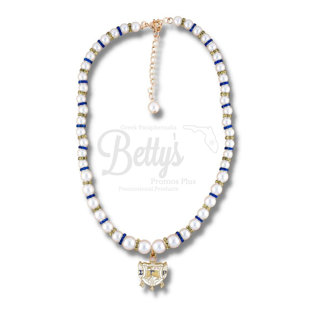 Sigma Gamma Rho ΣΓΡ Shield Pearl Necklace with Rhinestone SpacersWhite-Betty's Promos Plus Greek Paraphernalia