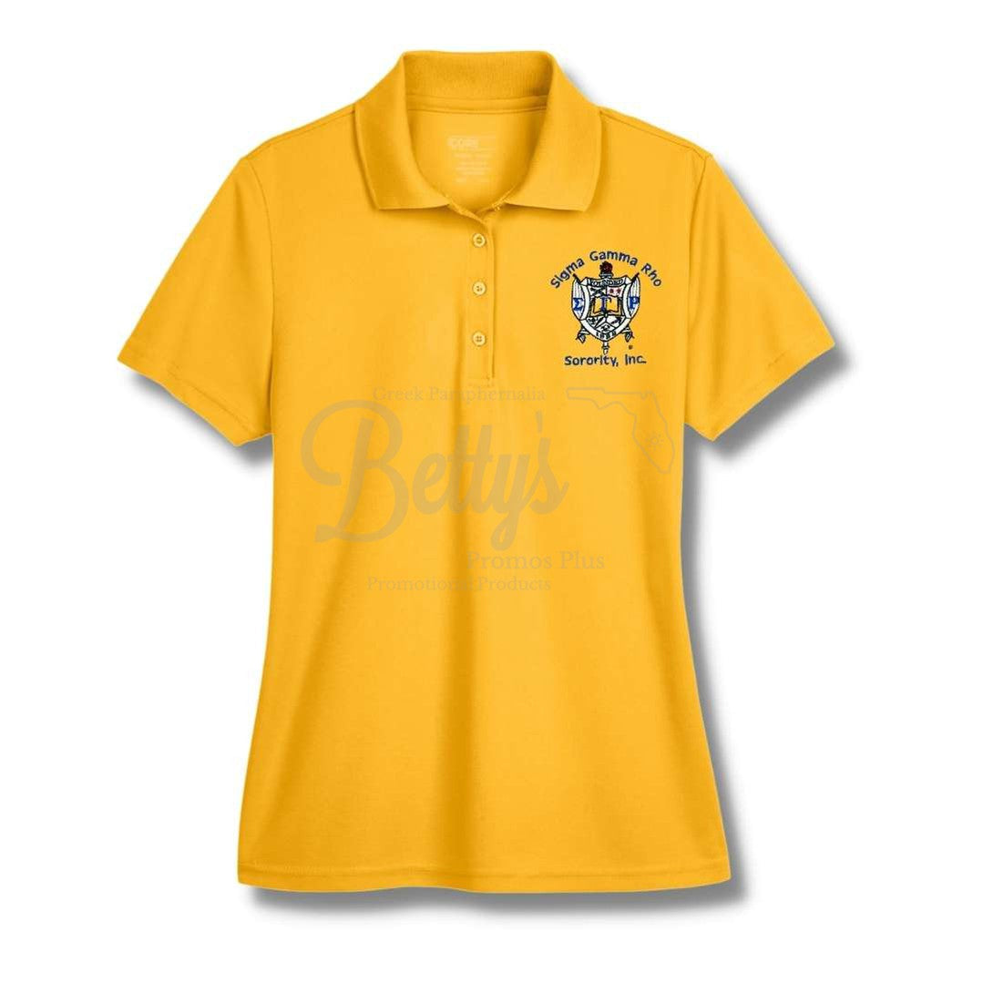 Sigma Gamma Rho ΣΓΡ Shield Polo Golf Shirt, Pique & Dry Fit AvailablePique-Gold-Small-Betty's Promos Plus Greek Paraphernalia