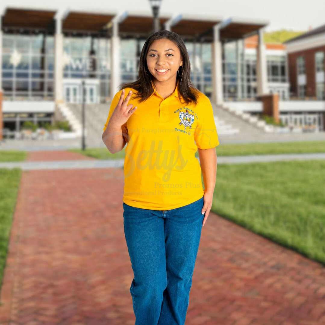 Sigma Gamma Rho ΣΓΡ Shield Polo Golf Shirt, Pique & Dry Fit Available-Betty's Promos Plus Greek Paraphernalia