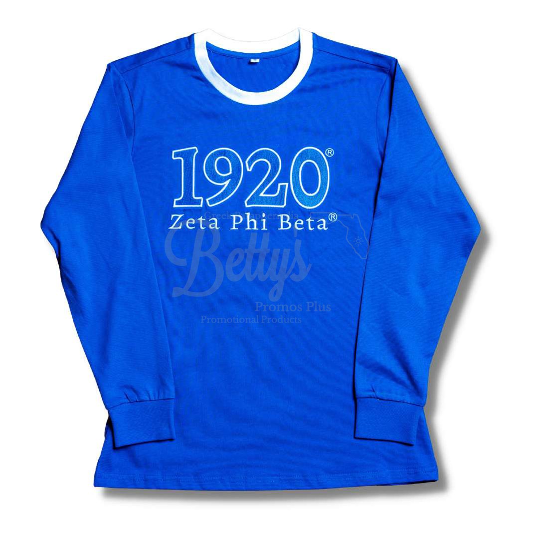 Zeta Phi Beta ΖΦΒ 1920 Embroidered Long Sleeve T-ShirtBlue-Small-Betty's Promos Plus Greek Paraphernalia
