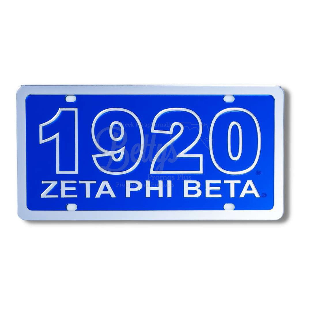 Zeta Phi Beta ΖΦΒ 1920 with Zeta Phi Beta Acrylic Laser Engraved Auto Tag Car License PlateBlue Background-Silver Trim-Betty's Promos Plus Greek Paraphernalia