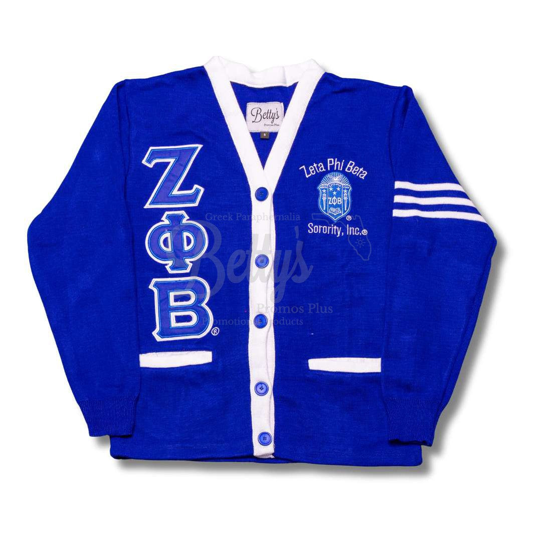 Zeta Phi Beta ΖΦΒ Cardigan Sweater with Double Stitched Twill Embroidered Letters & ΖΦΒ ShieldBlue-White Trim-Small-Betty's Promos Plus Greek Paraphernalia