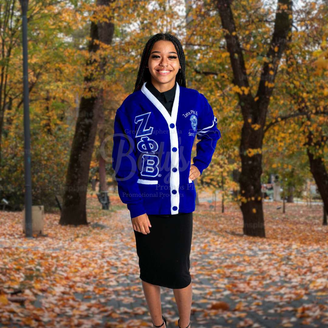 Zeta Phi Beta ΖΦΒ Cardigan Sweater with Double Stitched Twill Embroidered Letters & ΖΦΒ Shield-Betty's Promos Plus Greek Paraphernalia