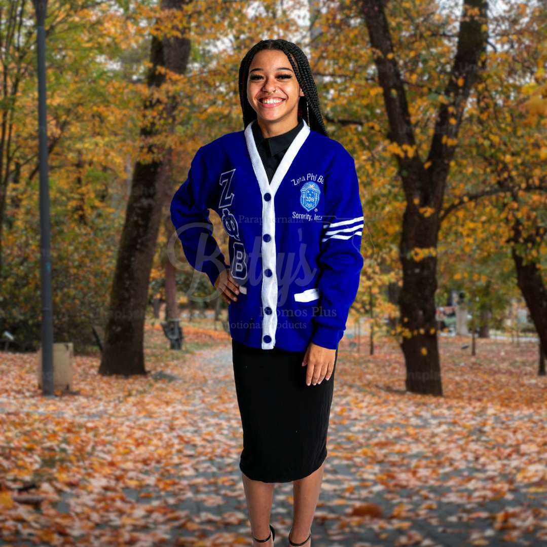 Zeta Phi Beta ΖΦΒ Cardigan Sweater with Double Stitched Twill Embroidered Letters & ΖΦΒ Shield-Betty's Promos Plus Greek Paraphernalia