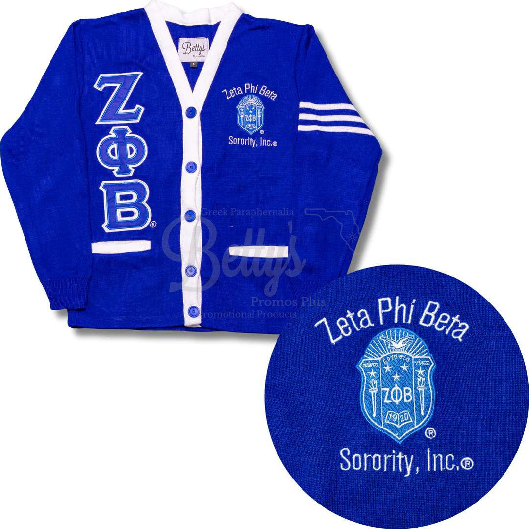 Zeta Phi Beta ΖΦΒ Cardigan Sweater with Double Stitched Twill Embroidered Letters & ΖΦΒ Shield-Betty's Promos Plus Greek Paraphernalia
