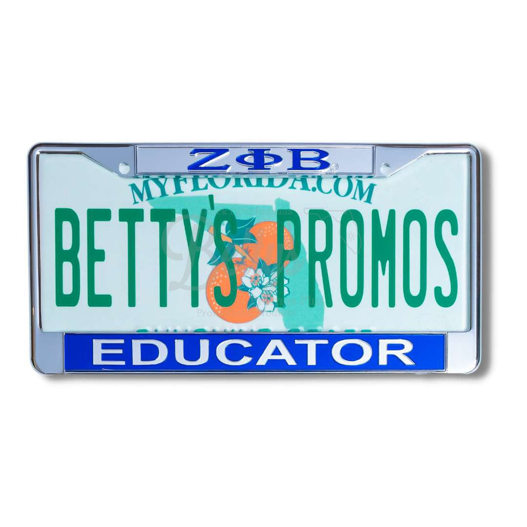 Zeta Phi Beta ΖΦΒ Educator Metal Auto Tag Frame with Acrylic Letters License Plate FrameSilver Top-Blue Bottom-Betty's Promos Plus Greek Paraphernalia