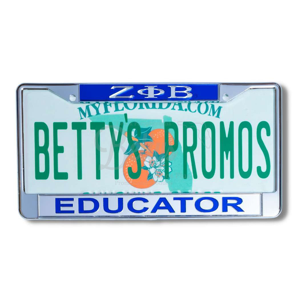 Zeta Phi Beta ΖΦΒ Educator Metal Auto Tag Frame with Acrylic Letters License Plate FrameBlue Top-Silver Bottom-Betty's Promos Plus Greek Paraphernalia