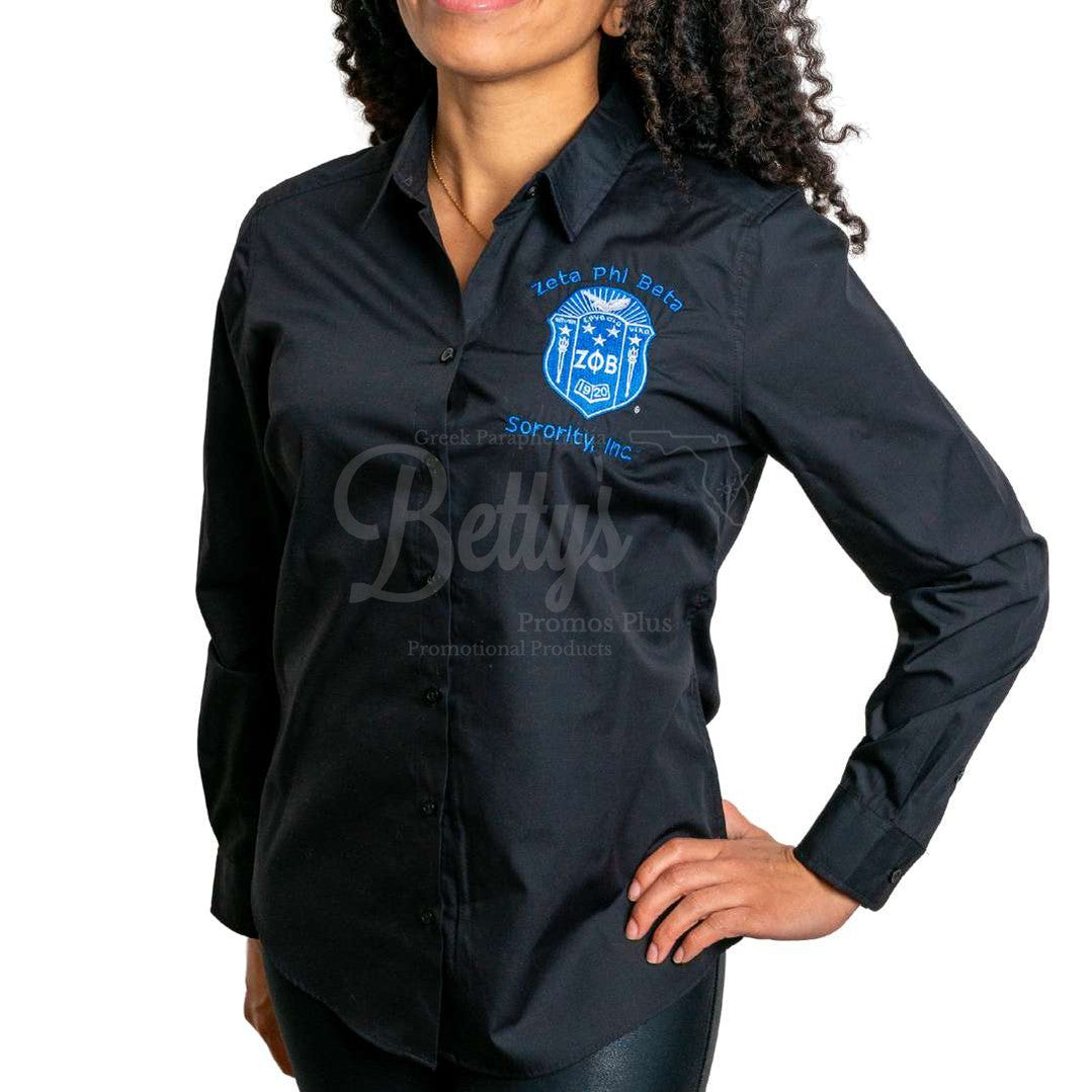 Zeta Phi Beta ΖΦΒ Long Sleeve Button-Up Poplin Shirt with Embroidered Shield-Betty's Promos Plus Greek Paraphernalia