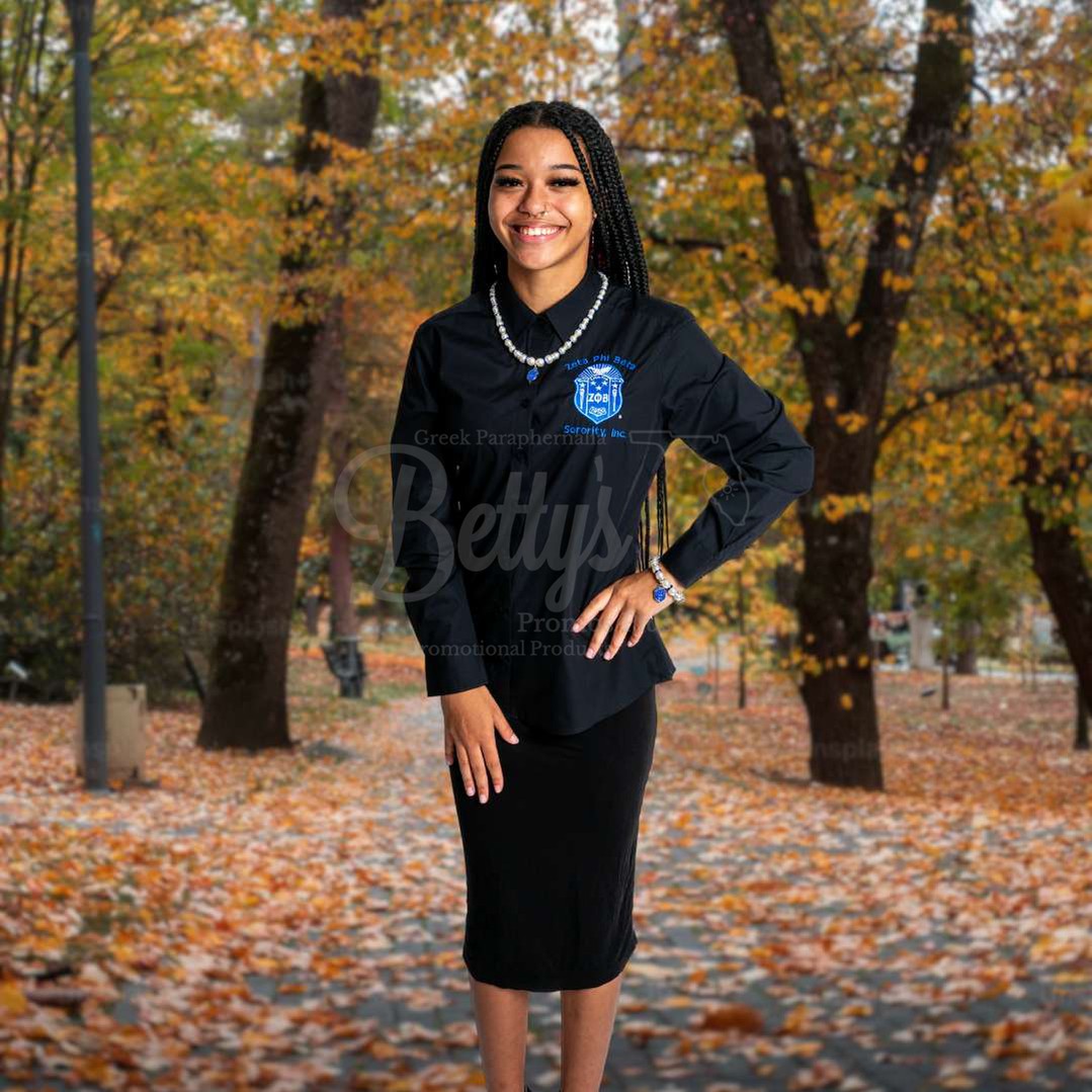 Zeta Phi Beta ΖΦΒ Long Sleeve Button-Up Poplin Shirt with Embroidered Shield-Betty's Promos Plus Greek Paraphernalia