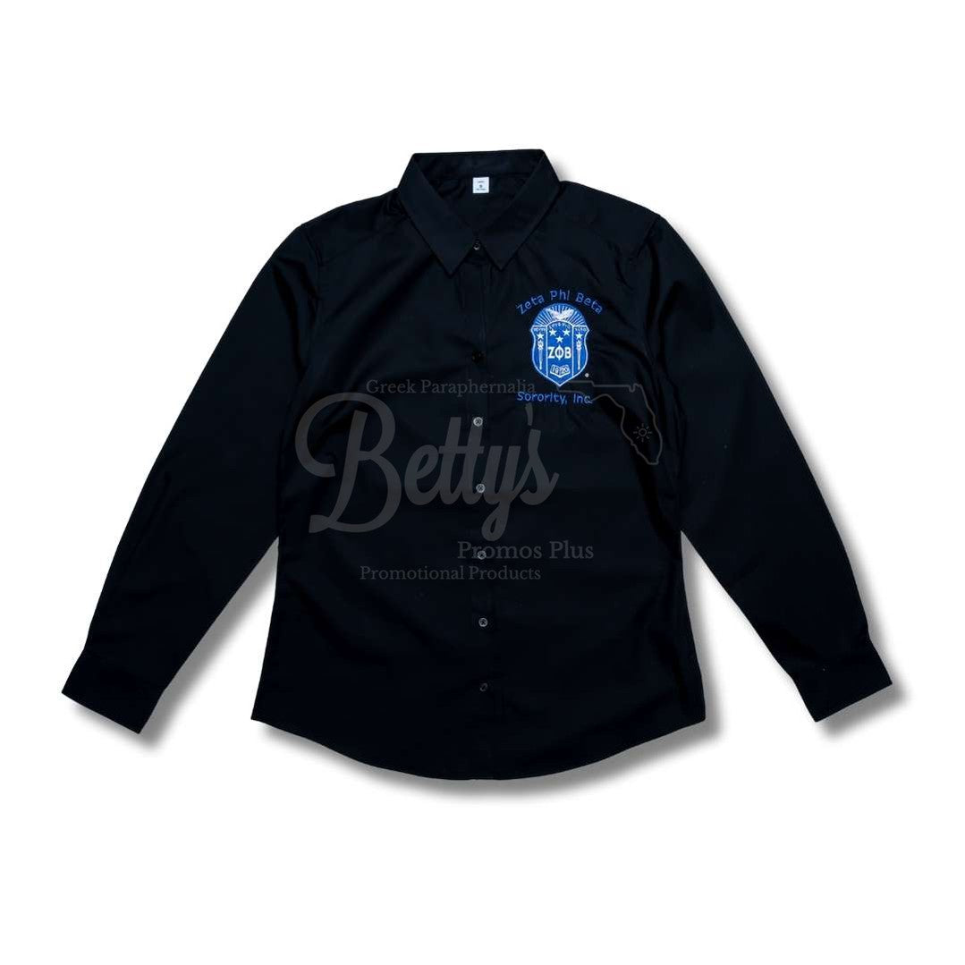 Zeta Phi Beta ΖΦΒ Long Sleeve Button-Up Poplin Shirt with Embroidered ShieldBlack-X-Small-Betty's Promos Plus Greek Paraphernalia