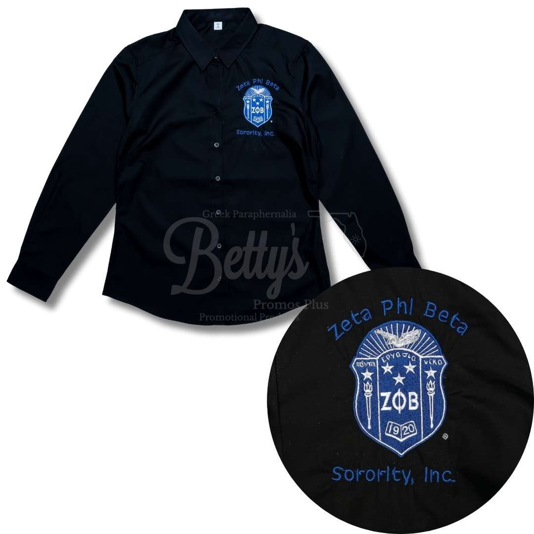 Zeta Phi Beta ΖΦΒ Long Sleeve Button-Up Poplin Shirt with Embroidered Shield-Betty's Promos Plus Greek Paraphernalia