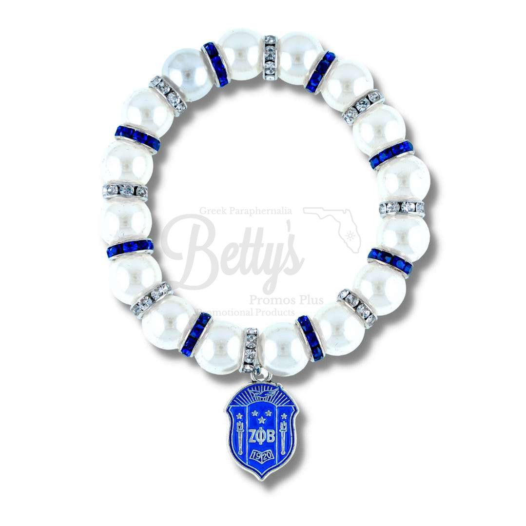 Zeta Phi Beta ΖΦΒ Shield Pearl Bracelet with Rhinestone SpacersWhite-Betty's Promos Plus Greek Paraphernalia