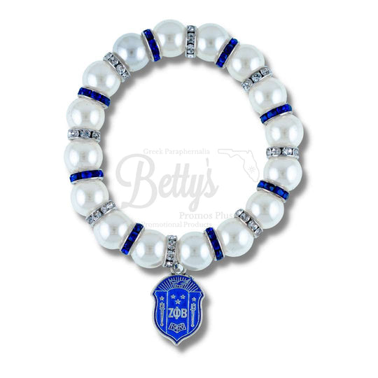 Zeta Phi Beta ΖΦΒ Shield Pearl Bracelet with Rhinestone SpacersWhite-Betty's Promos Plus Greek Paraphernalia