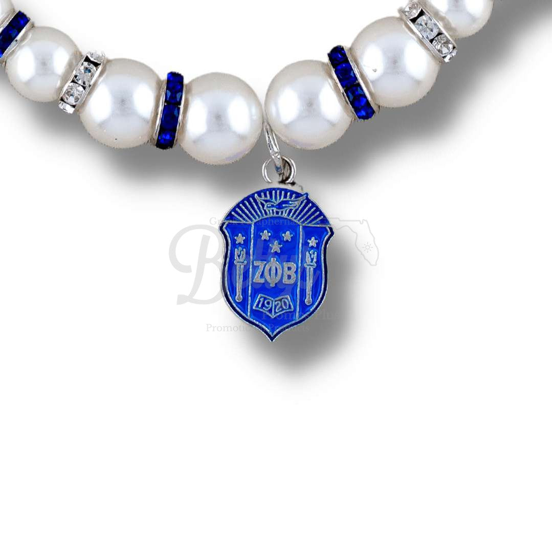 Zeta Phi Beta ΖΦΒ Shield Pearl Necklace with Rhinestone SpacersWhite-Necklace-Betty's Promos Plus Greek Paraphernalia