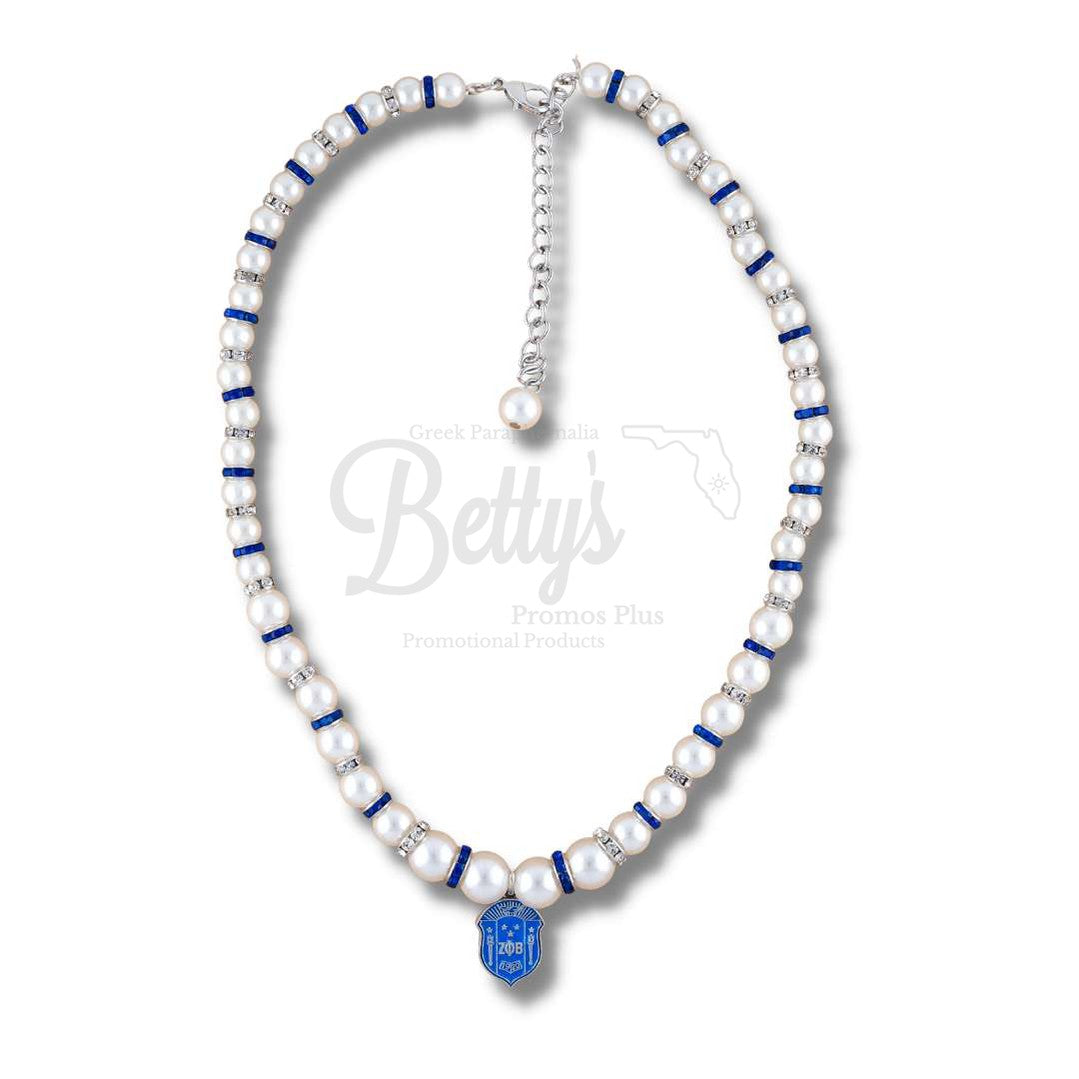 Zeta Phi Beta ΖΦΒ Shield Pearl Necklace with Rhinestone SpacersWhite-Necklace-Betty's Promos Plus Greek Paraphernalia