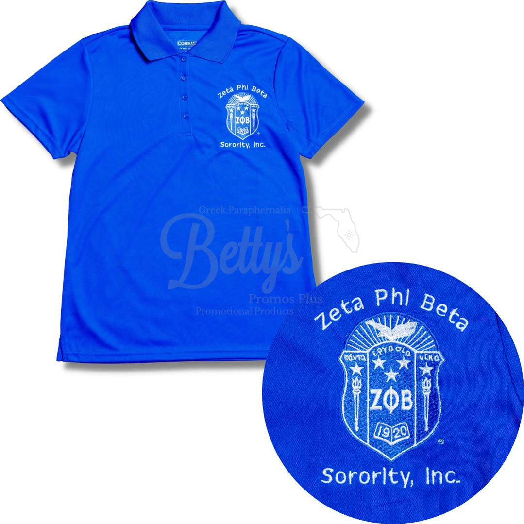 Zeta Phi Beta ΖΦΒ Shield Polo Golf Shirt, Pique & Dry Fit AvailableDry Fit-Blue-Small-Betty's Promos Plus Greek Paraphernalia