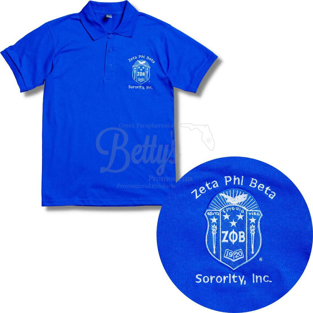 Zeta Phi Beta ΖΦΒ Shield Polo Golf Shirt, Pique & Dry Fit AvailablePique-Blue-Small-Betty's Promos Plus Greek Paraphernalia