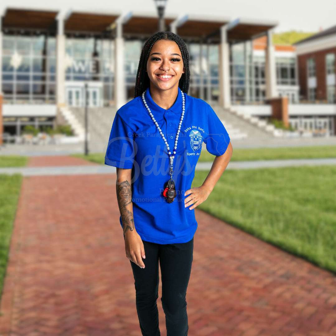 Zeta Phi Beta ΖΦΒ Shield Polo Golf Shirt, Pique & Dry Fit Available-Betty's Promos Plus Greek Paraphernalia