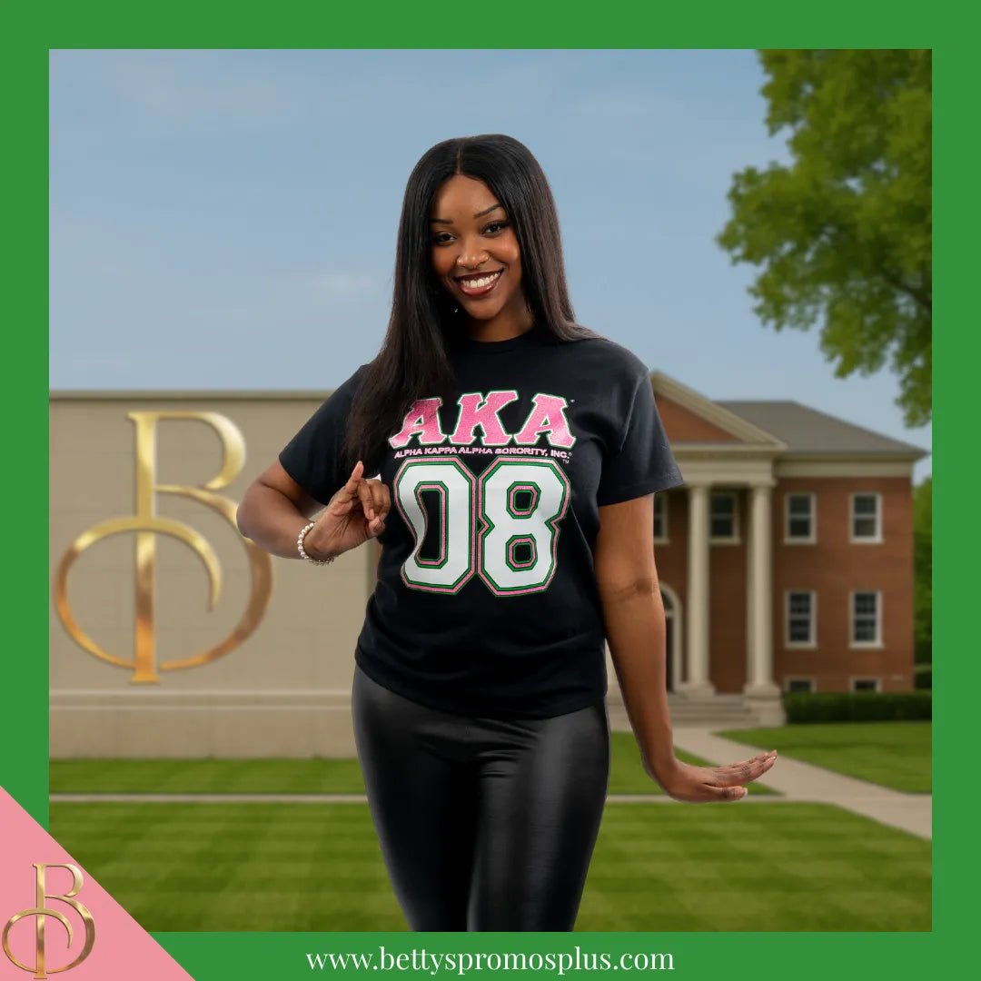 Alpha Kappa Alpha AKA 08 GLITTER Screen Printed T-Shirt-Alpha Kappa Alpha Paraphernalia-Alpha Kappa Alpha T-Shirts-Betty's Promos Plus