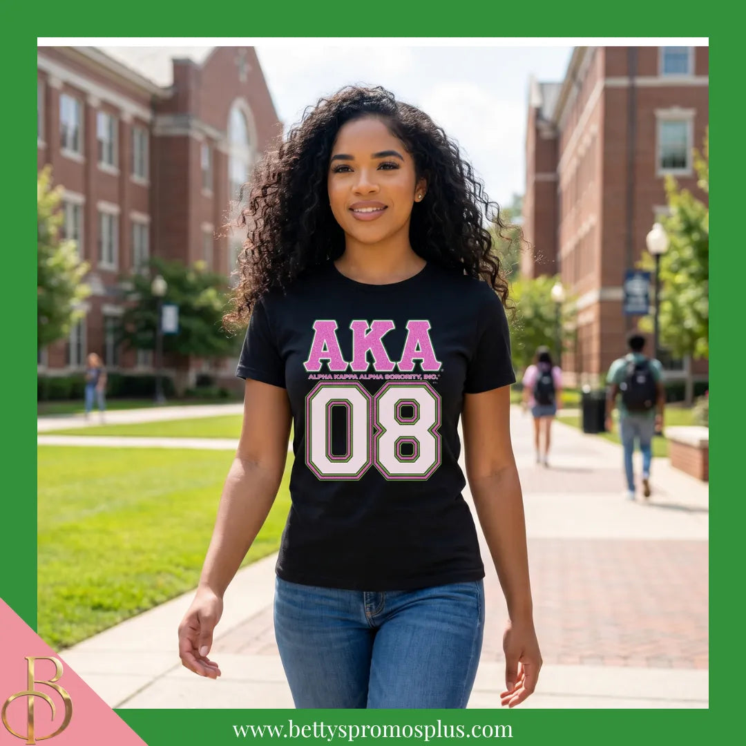 Alpha Kappa Alpha AKA 08 GLITTER Screen Printed T-Shirt-Alpha Kappa Alpha Paraphernalia-Alpha Kappa Alpha T-Shirts-Betty's Promos Plus