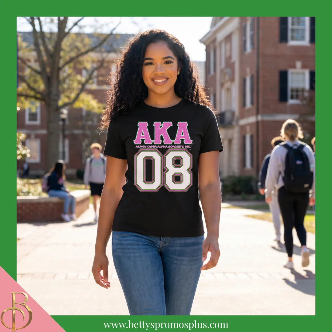Alpha Kappa Alpha AKA 08 GLITTER Screen Printed T-Shirt-Alpha Kappa Alpha Paraphernalia-Alpha Kappa Alpha T-Shirts-Betty's Promos Plus