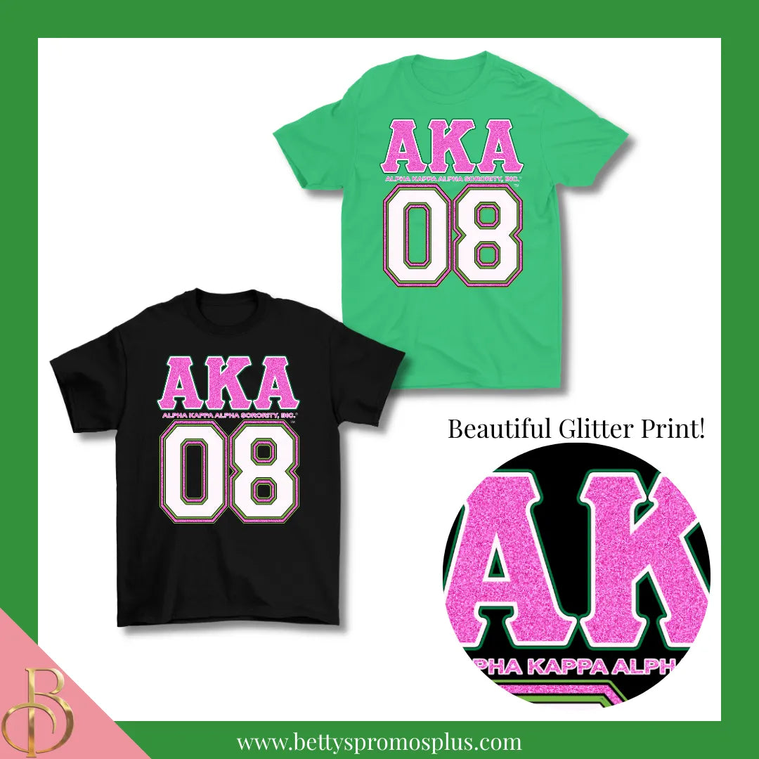 Alpha Kappa Alpha AKA 08 GLITTER Screen Printed T-Shirt-Alpha Kappa Alpha Paraphernalia-Alpha Kappa Alpha T-Shirts-Betty's Promos Plus