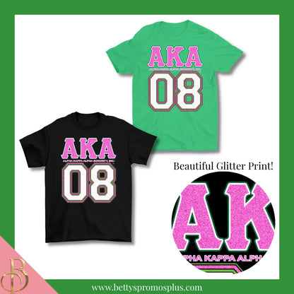 Alpha Kappa Alpha AKA 08 GLITTER Screen Printed T-Shirt-Alpha Kappa Alpha Paraphernalia-Alpha Kappa Alpha T-Shirts-Betty's Promos Plus