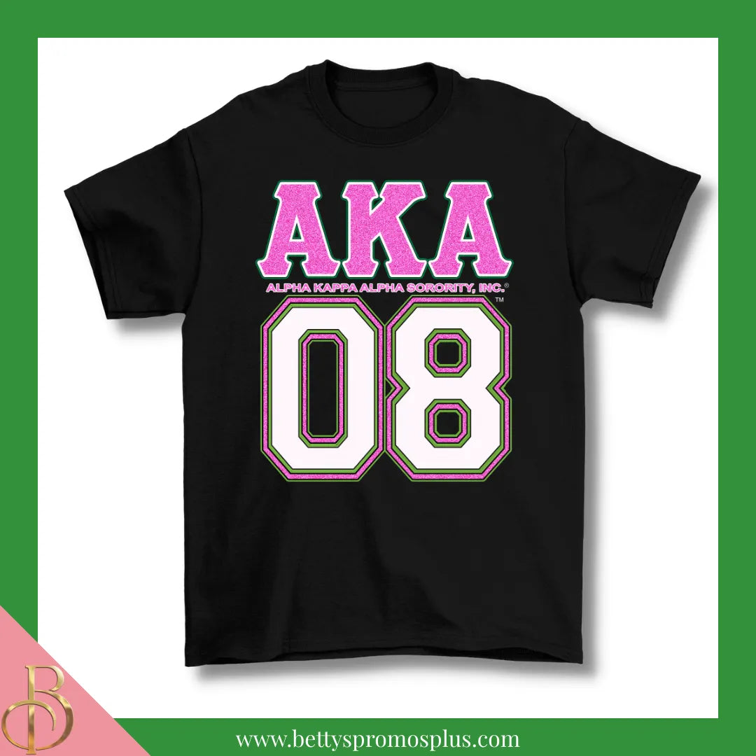 Alpha Kappa Alpha AKA 08 GLITTER Screen Printed T-Shirt-Glitter-Black-Small-Alpha Kappa Alpha Paraphernalia-Alpha Kappa Alpha T-Shirts-Betty's Promos Plus