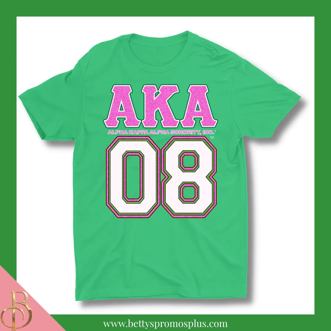 Alpha Kappa Alpha AKA 08 GLITTER Screen Printed T-Shirt-Glitter-Green-Small-Alpha Kappa Alpha Paraphernalia-Alpha Kappa Alpha T-Shirts-Betty's Promos Plus