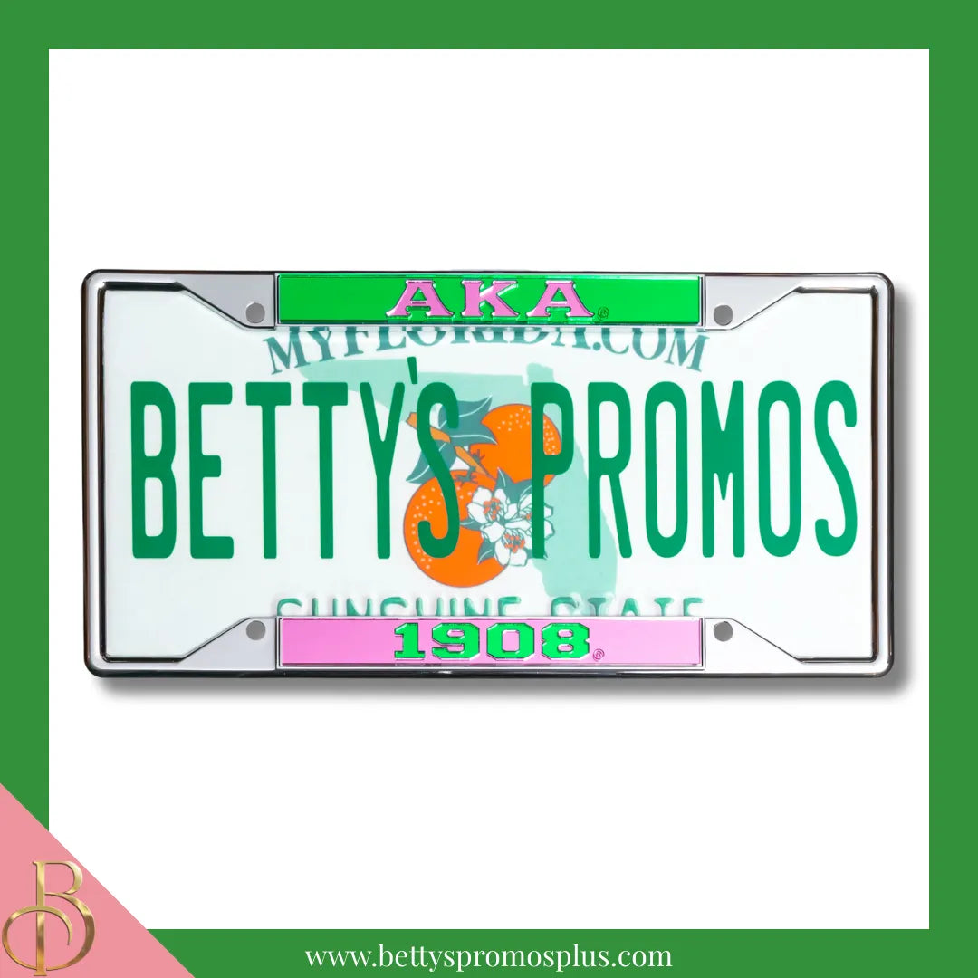 Alpha Kappa Alpha AKA 1908 Chrome Laser Engraved Mirrored Acrylic Auto Tag License Plate Frame-Alpha Kappa Alpha Paraphernalia-Alpha Kappa Alpha Auto Tag Frame-Betty's Promos Plus