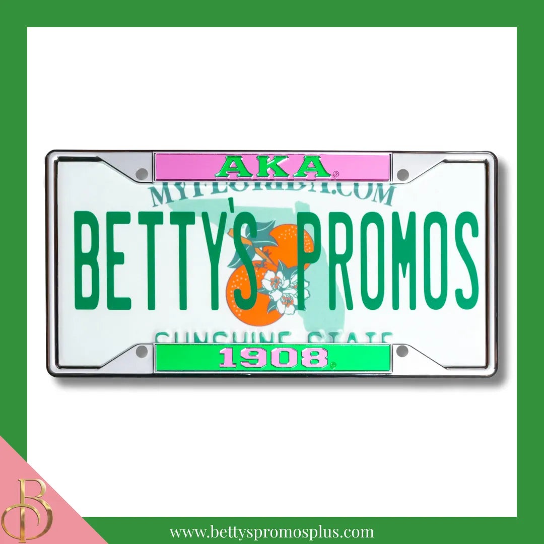 Alpha Kappa Alpha AKA 1908 Chrome Laser Engraved Mirrored Acrylic Auto Tag License Plate Frame-Green Bottom-Alpha Kappa Alpha Paraphernalia-Alpha Kappa Alpha Auto Tag Frame-Betty's Promos Plus