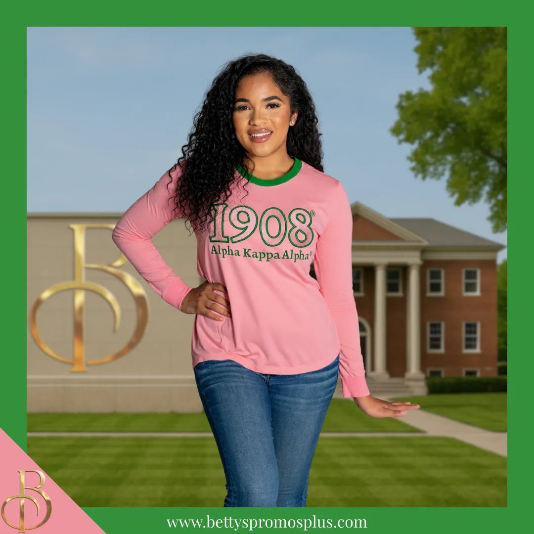 Alpha Kappa Alpha AKA 1908 Embroidered Long Sleeve T-Shirt-Alpha Kappa Alpha Paraphernalia-Alpha Kappa Alpha T-Shirts-Betty's Promos Plus