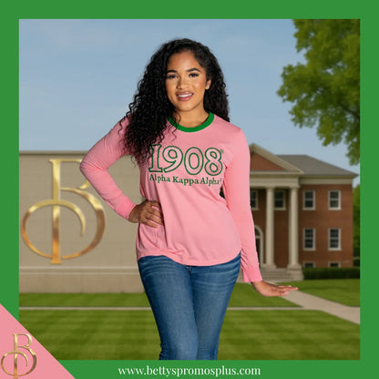 Alpha Kappa Alpha AKA 1908 Embroidered Long Sleeve T-Shirt-Alpha Kappa Alpha Paraphernalia-Alpha Kappa Alpha T-Shirts-Betty's Promos Plus