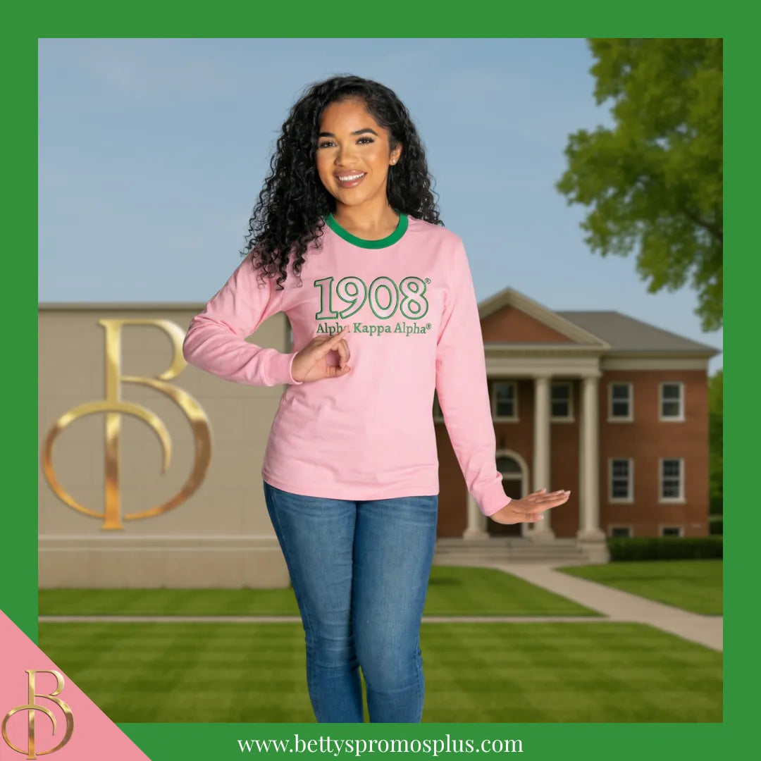 Alpha Kappa Alpha AKA 1908 Embroidered Long Sleeve T-Shirt-Alpha Kappa Alpha Paraphernalia-Alpha Kappa Alpha T-Shirts-Betty's Promos Plus